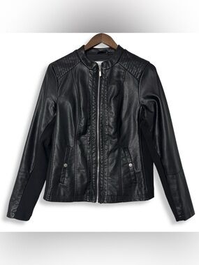 New Directions Moto Jacket Faux Leather with Stretch Panels Black